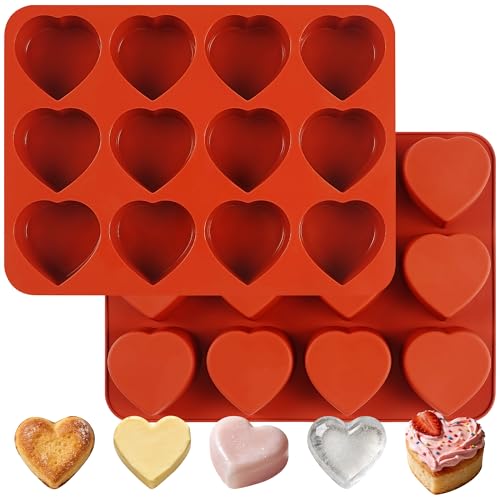Wilewir 2Pcs Silicone Heart Muffin Pan for Baking 12-Cavity Silicone Molds for Baking Muffins Cupcake Pan for Brownies Egg Bites Tartlets Chocolates
