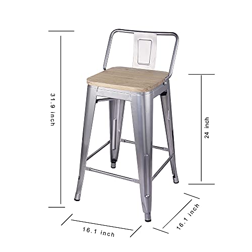 Gia 24-Inch Counter Height Low Back Metal Stool Chair With Light Wood Seat, Silver, Set Of 4 #TOP2