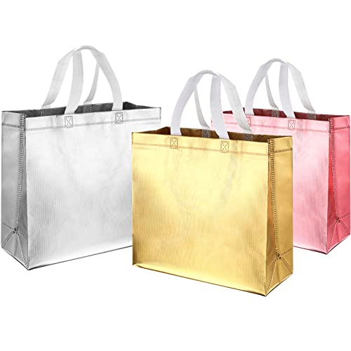 Weewooday 30 Pieces Glossy Reusable Grocery Bag Gift Bags With Handles For Wedding (Gold, Rose Gold, Silver,12.6 X 4.72 X 11.02 Inch) #TOP17