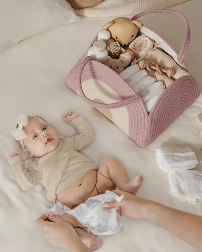 Image of Blissful Diary Baby Diaper Caddy Organizer, Cotton Rope Diaper Caddy Basket, Large Storage Basket for Newborn Boys and Girls, Gift for Baby Shower List, Newborn Essentials, Blush Rainbow