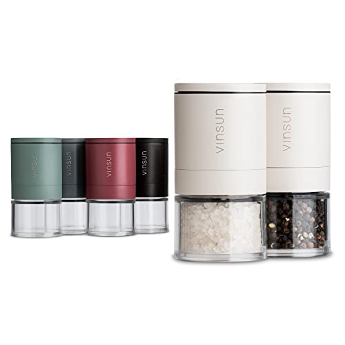 Vinsun Molinillo sal y pimienta manual - Juego de 2 crema blanca - Molinillo cerámica regulable, acero inoxidable, vidrio acrilico - Molino de especias pequeño ø51x100mm