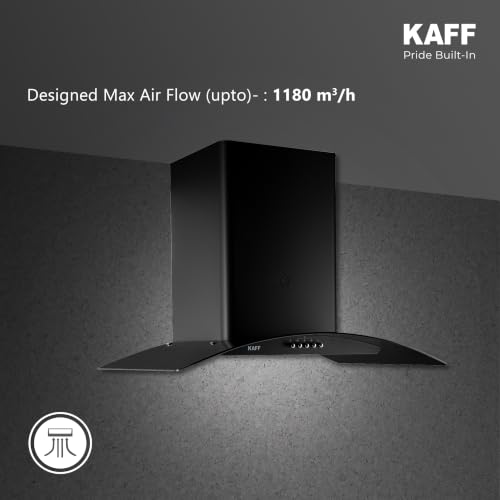 Image of KAFF 60 cm Auto Clean Kitchen Chimney | 1180 m /hr Suction | Dry Heat Auto Clean | Baffle Filter | Curved Black Tempered Glass | Matt Black Finish | LED Light | Soft Push Control | ELFBFDHC60