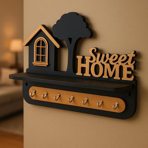 Image of Premium Key Holder with 7 Key Hanger Hooks | Self Adhesive 3D Designed Key Holder with Sweet Home Carvings and Decorative Shelf with Stainless Steel Hooks and Double Side Tape