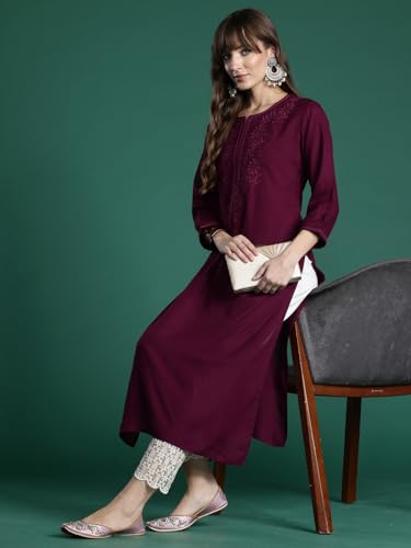 Image of INDO ERA Women's Viscose Rayon Straight Fit Embroide Straight Kurta (KT5WN10032)