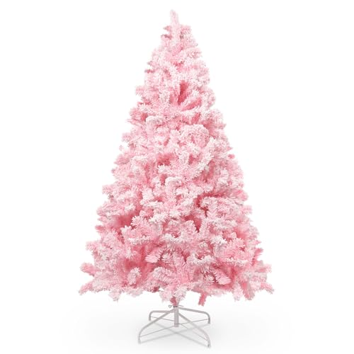AGM Christmas Tree 6ft, Snow Flocked Artificial Pink Christmas Tree with 808 Branch Tips for Indoor and Outdoor Christmas Decorations