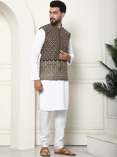 Image of SOJANYA (Since 1958 Men's Cotton Linen Maroon Kurta and White Pyjama with Mustard Cotton Nehru Jacket