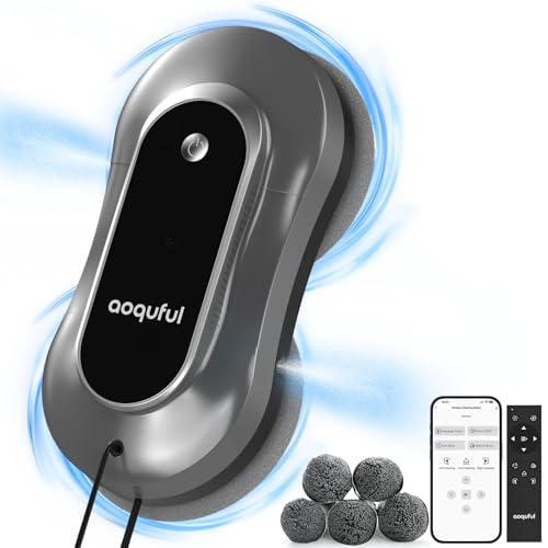 AOQUFUL Robot Lavavetri Intelligente - Pulitore Elettrico con Doppio Spruzzo d'Acqua, Controllo Remoto e App, Adatto per Vetri Interni ed Esterni, Include 12 Panni, Grigio