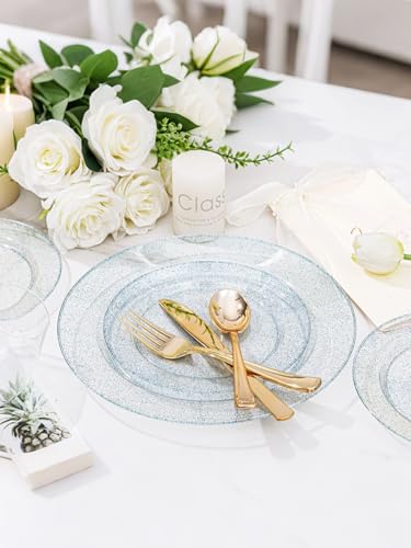 Image of WDF 200PCS Blue Plastic Plates - Blue Glitter Plastic Plates - Heavy Duty Disposable Plates - Include 100 Dinner Plates 10 inch and 100 Dessert Plates 7 inch for Parties /Wedding /Birthday