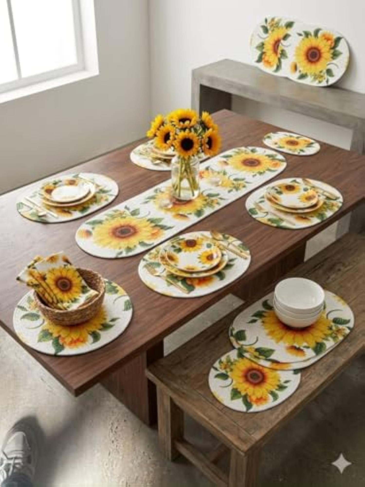 Sunflower Print Dining Table Runner with Oval Placemats