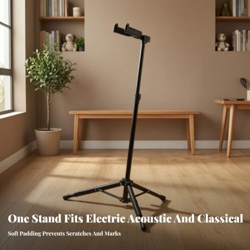 Image of Height Adjustable Guitar Stand with Weight-Activated Lock Foldable Weight-Activated Lock Guitar Stand Self-Locking Soft-Padded for Guitarists, Musicians, Home Studio, Stage, Music Room, Gravity Lock