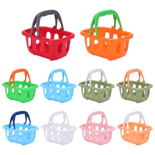 CRAFTYMELODY 10Pcs Mini Shopping Basket Plastic Miniature Ornaments 10 Colors Micro Landscape Home Accessories Pretending Prop Decorations for Imaginative Play Party Birthday Ornament
