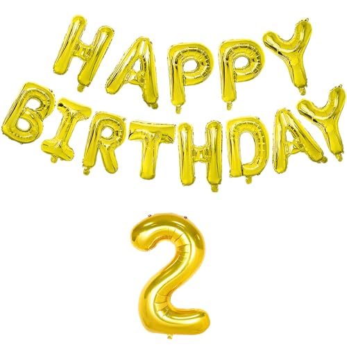 Image of Flyloons 2nd Golden Colour Happy Birthday Foil Balloon Banner Set For 2 Year Old Boys Girls Baby | With Number Two | 13 Letters Reusable Happy Birthday Metallic Foil Balloons Decoration Kit, 14 Pcs