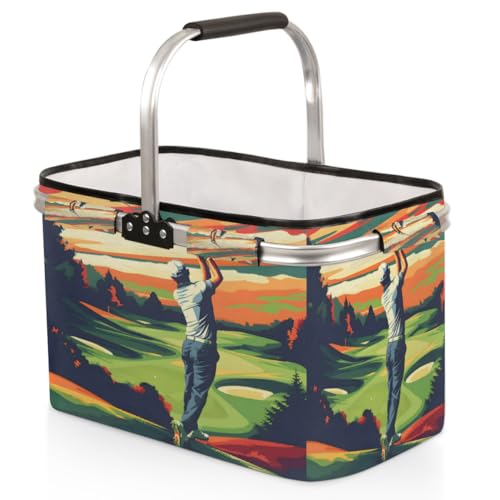 Tablerazzi Golf Sport Folding Picnic Basket Large Reusable Shopping Basket Golf Resort Sunset Valley Collapsible Grocery Bag with Handle Aluminum Frame Market Basket