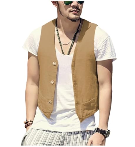 Men's Linen Vest Casual Business Lightweight Waistcoat Slim Fit Suit Vest