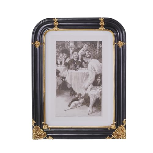 WINPLUS+ Vintage Picture Frame 4x6 Luxury Antique Rectangular Photo Frame In Black Finish With Engraved Gilded Floral accents, Real Glass Front, Retro Home Decor, Wall Mount and Tabletop Display, Art Gallery Gift (Black 4*6)