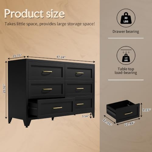 Image of Metal Dresser, 6 Drawer Chest of Drawers for Bedroom, Black