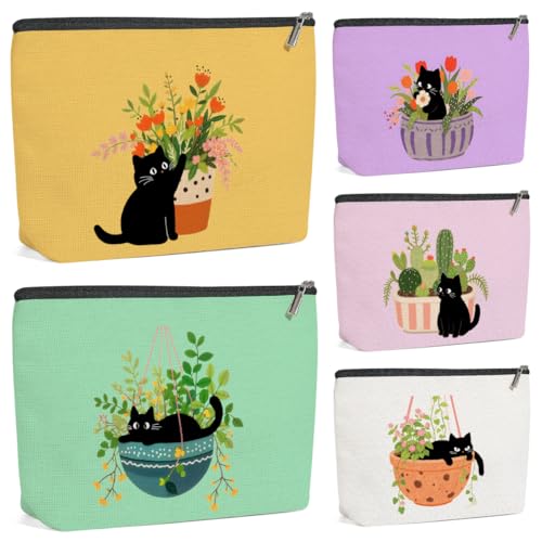 5 Pack Floral Succulent Cat Themed Makeup Bags For Women, Cosmetic Bags For Cat Lovers, Pet Cat Mom, Girls, Friends, Friendship, Bachelorette, Toiletr_voghion.com
