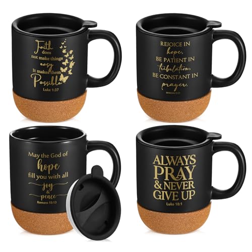 FillTouch 4 Pcs Christian Coffee Mugs Bulk 15 oz Religious Cup Cork Bottom Mugs with Bible Verses Easter Holiday Gifts for Women Men Clergy Pastor Church members