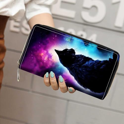 Galaxy Nebula Black Cat Wallet for Women with Credit Card Holder Coin Money Clip PU Leather Zip Around Clutch Wallet4