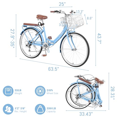 Image of 24 /26 Inch Folding Beach Cruiser Bike for Women, 7-Speed Foldable Bicycle with Basket & Cup Holder, Adult Commuter Bike with Adjustable Seat, Dual V-Brake System