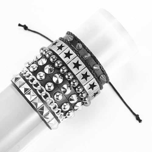 4Pcs/Set Fashion Street Hip Hop Leather Studded Cuff Bracelets Multiple Wristbands Bangle Emo Acceossries for 80s Punk Rock Concert Outfit3
