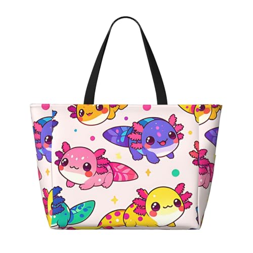Blue And Black Plaid Cute Axolotl Large Capacity Travel Bag Lightweight Shopping Handbag Beach Tote Bags Work Bag2