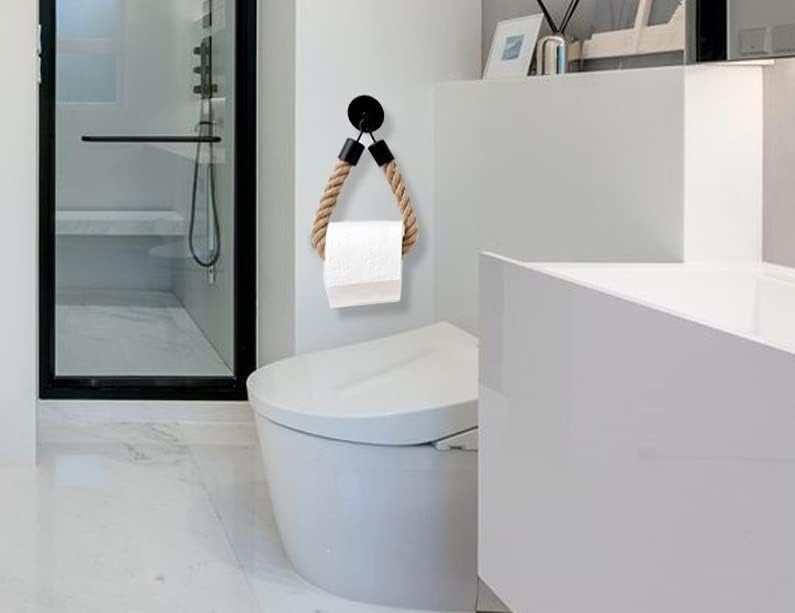 Miniatura 8 de WONQEXZ Soporte para papel higiénico de cuerda náutica, autoadhesivo, no requiere taladro, negro, acero inoxidable y cuerda de algodón