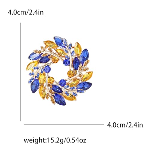 Image of Fashionable Rhinestone Wreath Brooch for Women Ukrainian Blue and Yellow Wheat Ear Brooch Dress Suit Pin Accessories Party Banquet Gift