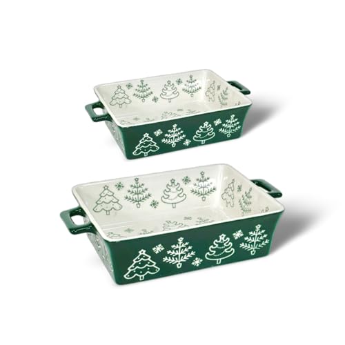 Domini Casserole Dishes for Oven Ceramic Baking Dishes for Oven Set of 2 Lasagna Pan Deep Baking Pan Set Square Casserole Dish Set with Handles for Baking Pattern Green(11.4+8.5inch) Christmas