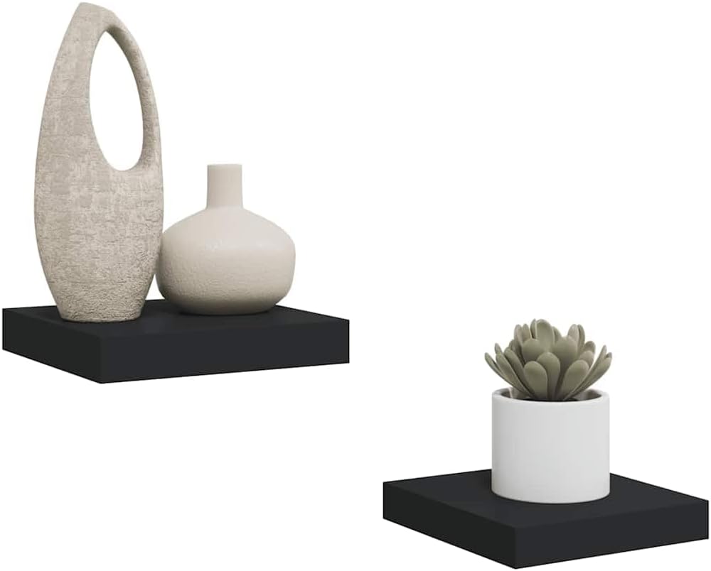 Black Honeycomb MDF and Metal Floating Wall Shelf Set of 2, Compact Modern Matte Finish for Home Decor and Organization, Sturdy Design for Displaying Books and Collectibles