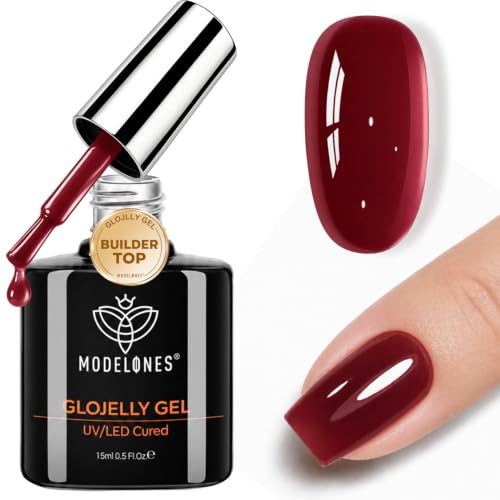 Image of modelones Jelly Burgundy Builder Nail Gel Top Coat Gel Polish in One 15ML | No Wipe Top Coat Sheer Wine Red Self Leveling Apex Buidling Ultra Glossy Long Lasting U V Cure Fall Manicure Gift for Women