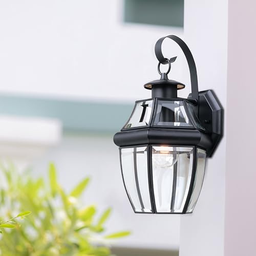 Image of Generation Lighting Lancaster 1-Light 14-Inch Outdoor Wall Lantern in Black | Wet-Rated Brass Fixture with Clear Beveled Glass, an Outside Light, Porch Decor, or Exterior Lighting Fixture for Garage
