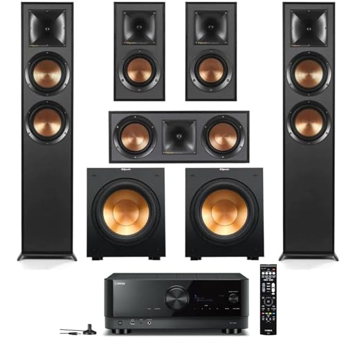 Klipsch Reference Home Theater Pack with 2X R-625FA Floorstanding Speakers, R-52C Center Channel, Pair R-41M Bookshelf Speakers (Speaker System + 2X Subwoofers + Receiver)