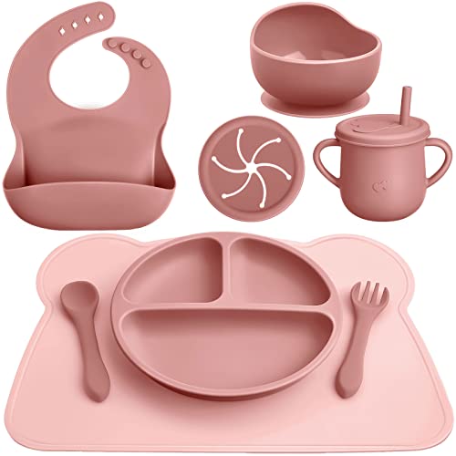 Image of 8 Pack Baby Feeding Eating Supplies Silicone Suction Divided Plate Baby Bibs Suction Bowl Silicone Placemat Silicone Spoon and Fork Silicone Cup with Straw Baby Tableware Set for Toddler (Dark Pink)