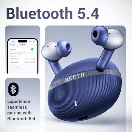 Image of BERTH Airchords Z TWS Earbuds, 40H Playtime, BT 5.4, ENC Mics, 13mm Bass Drivers, 45ms Low Latency, IPX5, Fast Charging, 10min=100min Playback, Gaming Mode, 1-Year Warranty (Blue)
