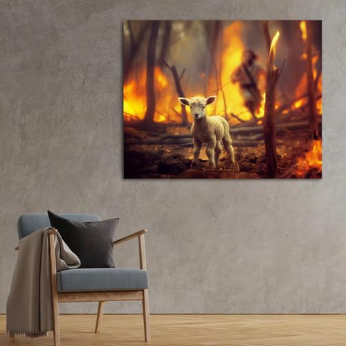 Image of Jesus and Lamb Canvas Wall Art Lamb Lost in the Forest Fire Picture Wall Art Canvas Print Christian Home Decor 12x16 inch