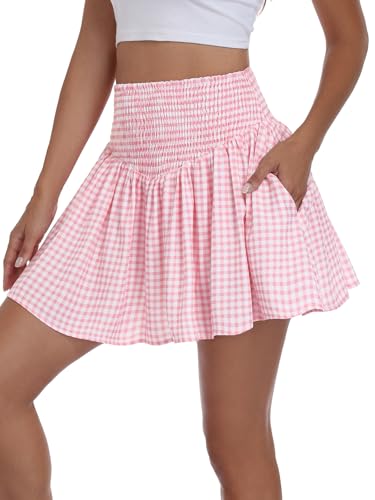 Vigorics Women’s High Waisted Smocked Mini Skirt Casual A-Line Skort Built-in Shorts for Summer Vacation Picnic Outdoor Pink White Checkered S