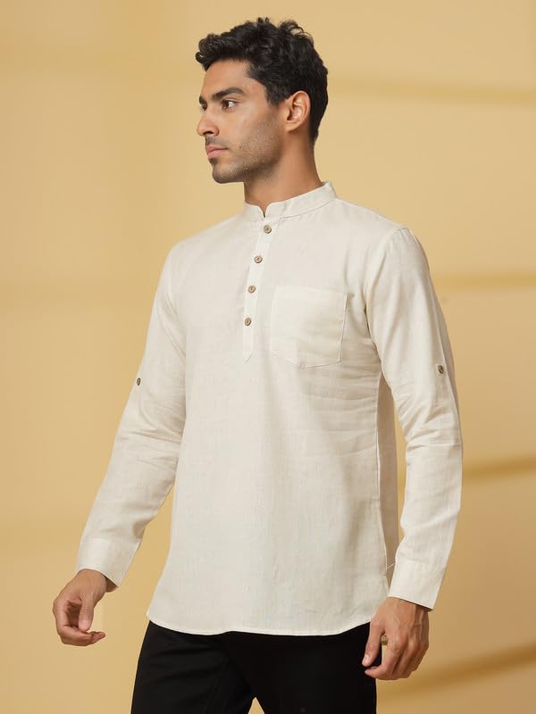 Image of Vastraa Fusion Men's Handloom Weaving Pure Cotton Short Kurta, Round Collar, Full Sleeves,Button Kurta, Ethnic Wear