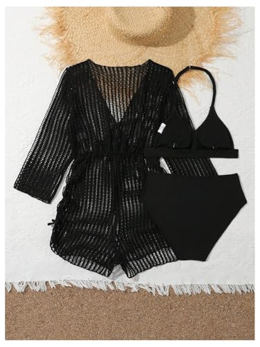 OYOANGLE Girl's 3 Piece Swimsuit Triangle Halter Bikini Set with Mesh Romper Cover Ups2