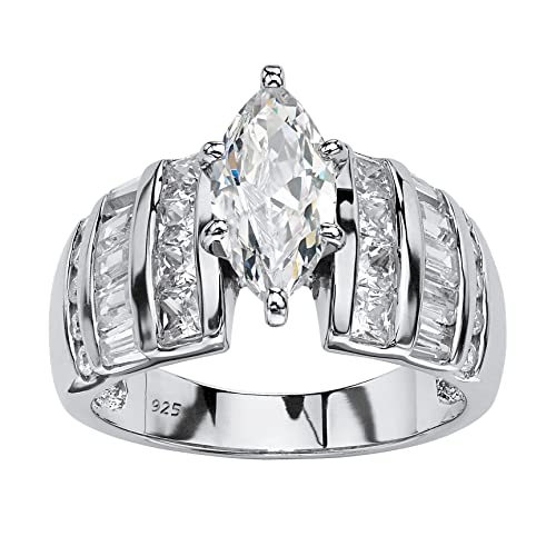Platinum over Sterling Silver Marquise Cut Cubic Zirconia Channel Set Engagement Ring