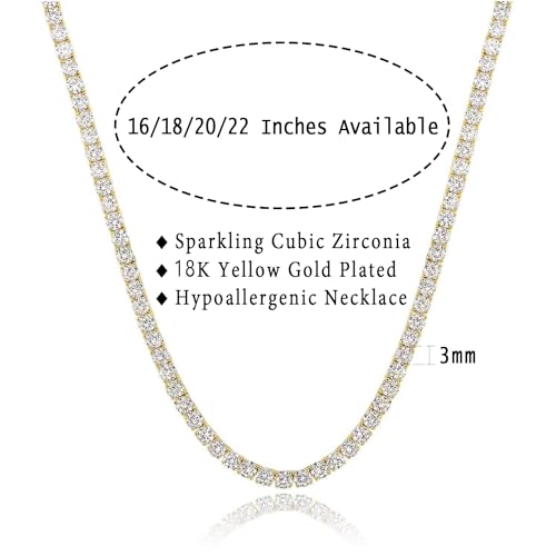 Gemsme 18K White/Yellow Gold Plated 3.0mm Round Cubic Zirconia Classic Tennis Necklace For Women 16-24 Inches3