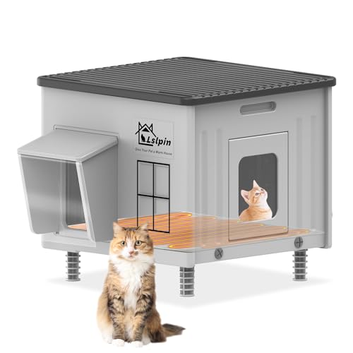 Indestructible Heated Cat House for Outside Cats Winter,Weatherproof & Insulated & Elevated Feral Cat House with Escape Door, Outdoor Indoor Cat Shelter for Stray Barn Cat 17.7×17.7×17.5