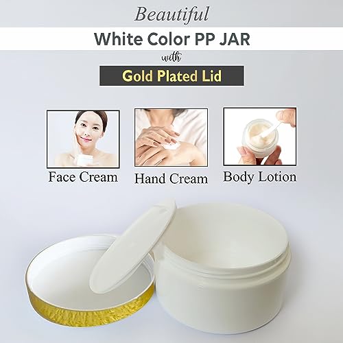 Image of Cosmetic Empty White PP Jar With Golden Top Lid Portable Refillable & Reusable Cosmetic Screw Cap Container for Gel, Scrub. Under Eye cream, Face Cream Lip Balm with Inner Lid 50gm Pack of 5