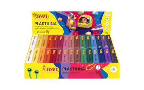 Jovi Plastilina Reusable and Non-Drying Modeling Clay, Set of 30 1.75 Oz. Plasticine Bars, 2 Each of 15 Colors, Non-Toxic and Gluten-Free, for Arts and Crafts Projects