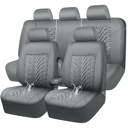 CAR PASS Neoprene Waterproof Seat Covers Full Sets, Wetsuit Car Seat Covers 5 Seats Universal Fit for Vans, Truck, SUV, 3D Tyre Embossed Seat Covers Anti Slip with Armrests, Aibag Compatible(All Gray)