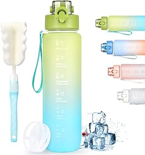 AOHAN Sports Water Bottle 1l, Drinks Bottle with Bottle Brush and Filter, Motivational Water Bottle with Time Markings, Plastic Water Bottles Leakproof for Gym/Running/Cycling/School/Office