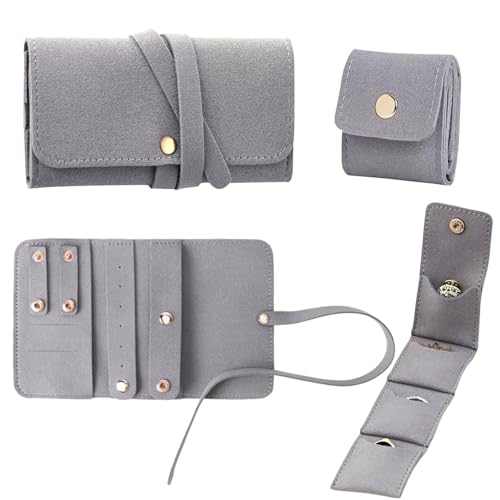 shirylzee 2Pcs Jewellery Pouches, Mini Travel Jewellery Pouch Travel Jewel Roll, Leather Jewelry Roll Auxiliaryn Jewelry Bag with Buckle, Travel Jewellery Case for Women Ring Earring (Gray)