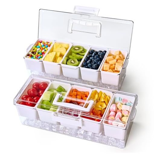 2 Pack Chilled Condiment Tray Server with 5 Removable Compartments Containers & Hidden Handle Design, Ice Chilled Condiment Organizer, Clear Garnish Serving Tray Platter for Camping, Fruit, Salad