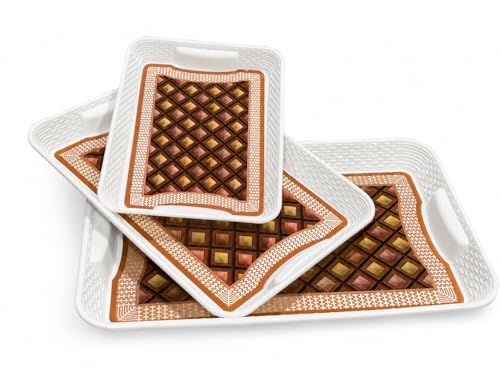 Image of 3 Pcs Plastic Serving Tray Set with Handle | Multipurpose Tea Snacks Breakfast Tray | Floral Printed Rectangular Serving Trays for Kitchen & Home (Brown Design)