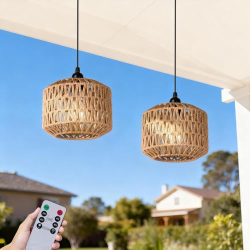 ALL FORTUNE Battery Operated Outdoor Chandelier Battery Power Hanging Pendant Lights Woven Rattan Gazebo Light Outdoor Waterproof for Gazebo Pergola Porch Indoor Outdoor Decor Lighting (7.8)